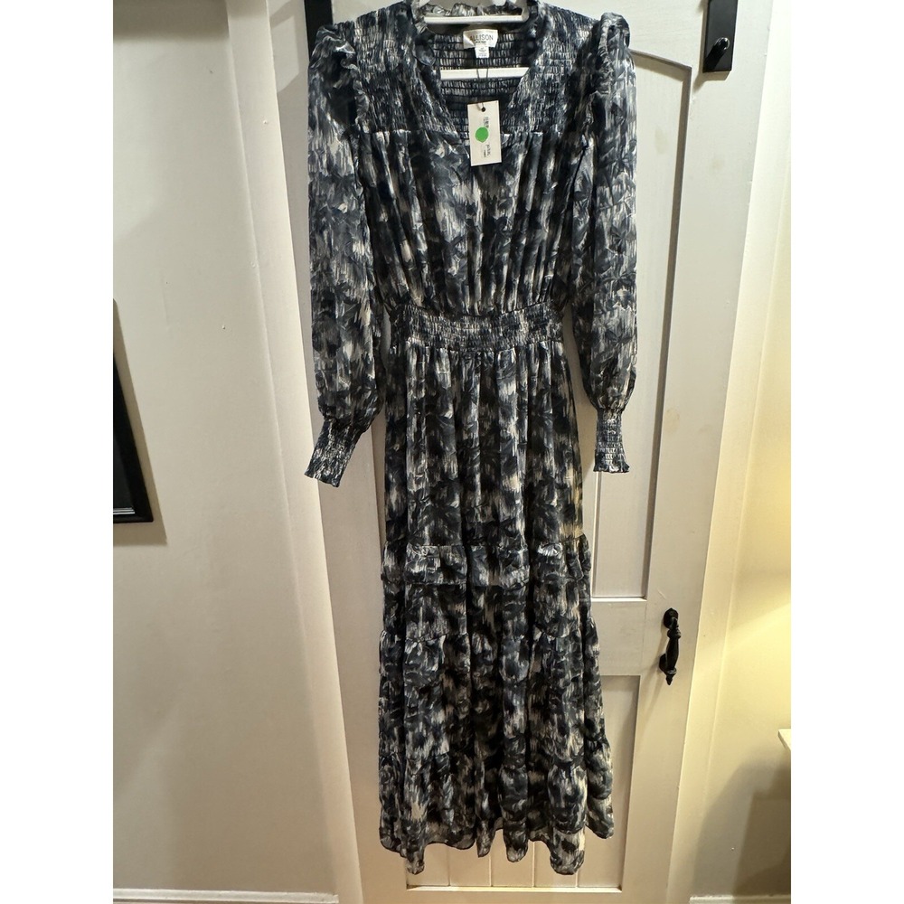 NEW ALLISON NEW YORK CELINE DRESS SMALL  BLACK And Beige FLORAL MAXI LONG SLEEVE
